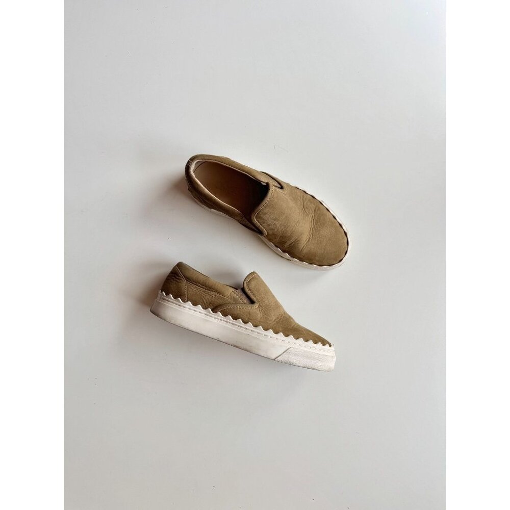CHLOE Lauren Olive Green Nubuck Leather Scalloped Slip On Sneakers, Size 35